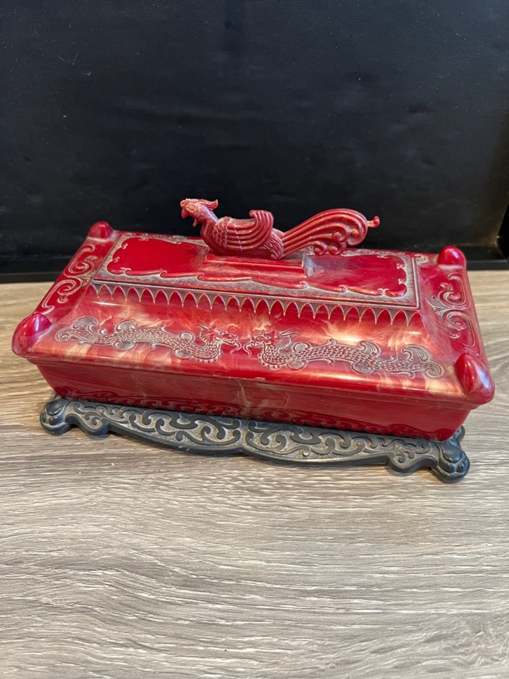 Celluloid Decorative Red Phoenix Lidded Trinket Box